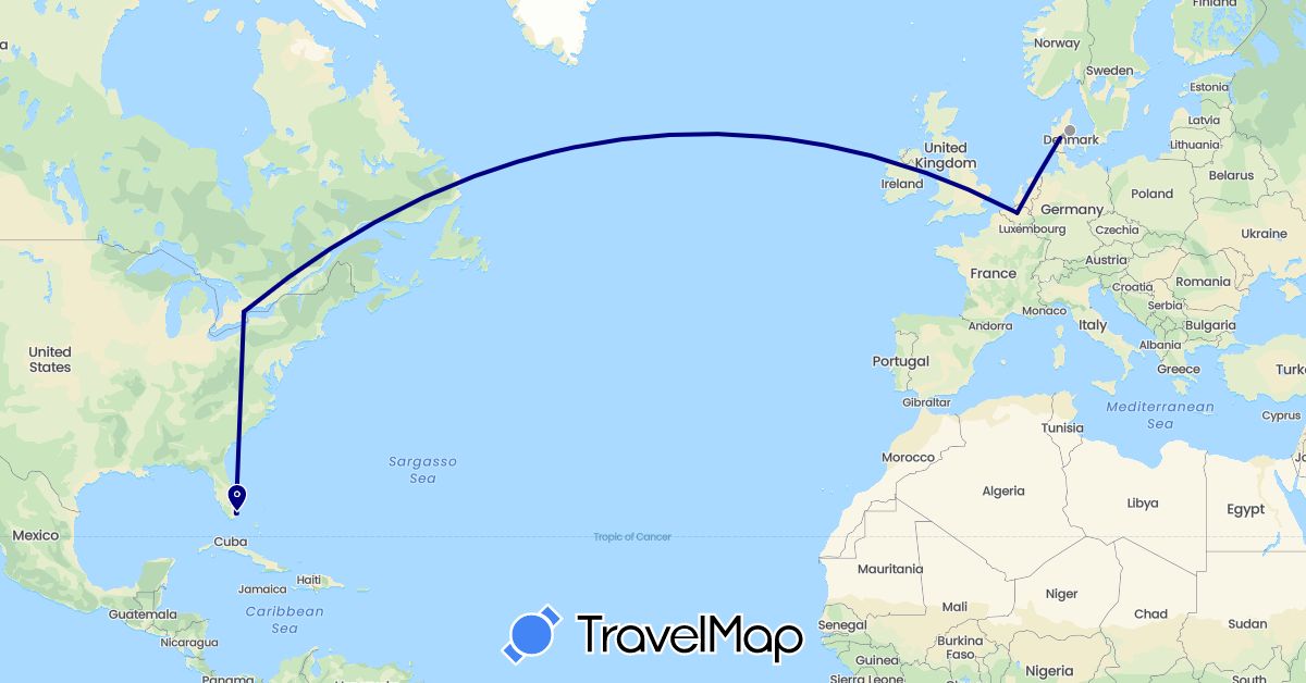TravelMap itinerary: driving, plane in Belgium, Canada, Denmark, United States (Europe, North America)
